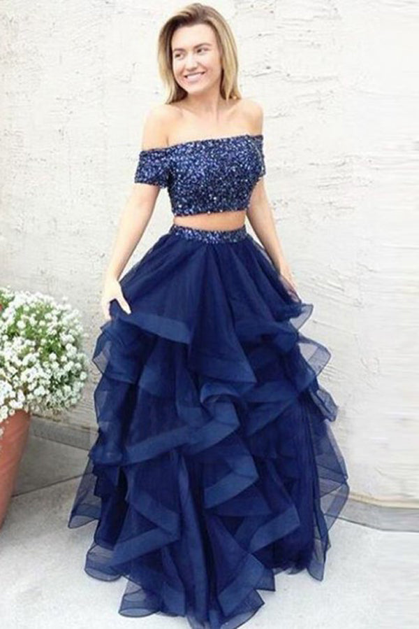 Navy Blue A Line Off Shoulder Ruffles ...